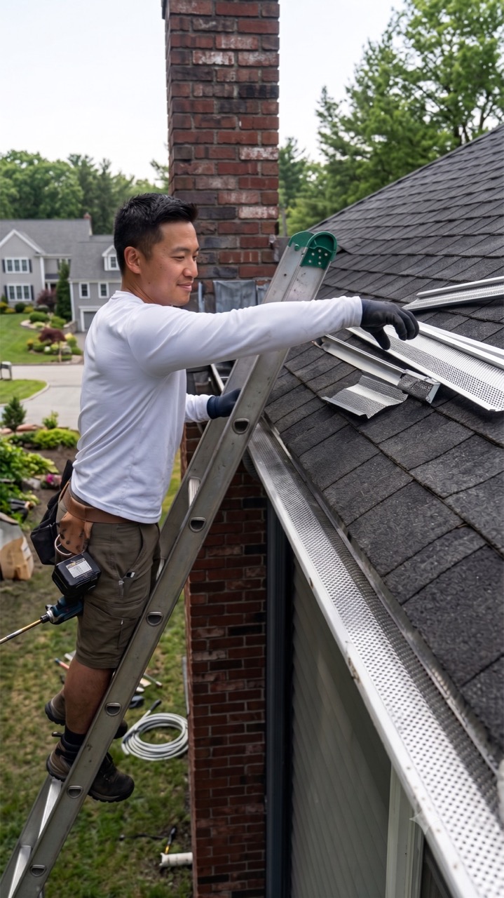 Technician on a ladder installing gutter guards along a home's roofline